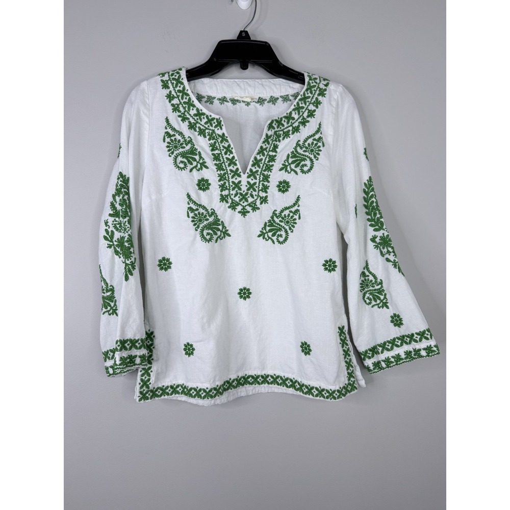 Roberta Roller Rabbit White Green Embroidered Cotton Top Sz XS Boho Blouse Shirt